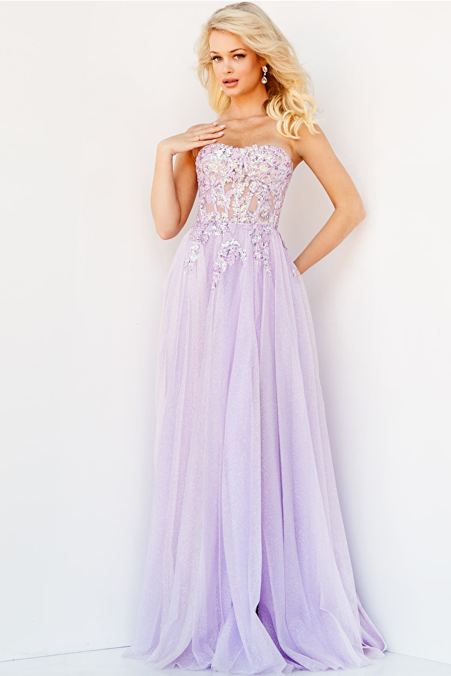 JVN07434 Lavender Strapless Tie Back Prom Gown